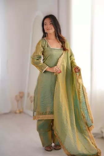 green ready-made fendy kurta set with diamond work & lace | kurta sarara & dupatta