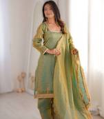 green ready-made fendy kurta set with diamond work & lace | kurta sarara & dupatta