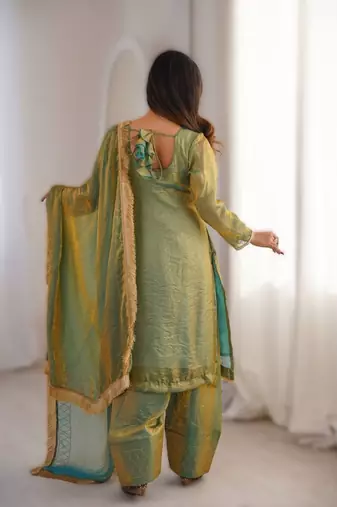 green ready-made fendy kurta set with diamond work & lace kurta sarara & dupatta
