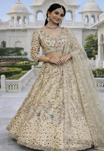 Off White Color Coding Sequins Work Net Lehenga Choli Dupatta Silk