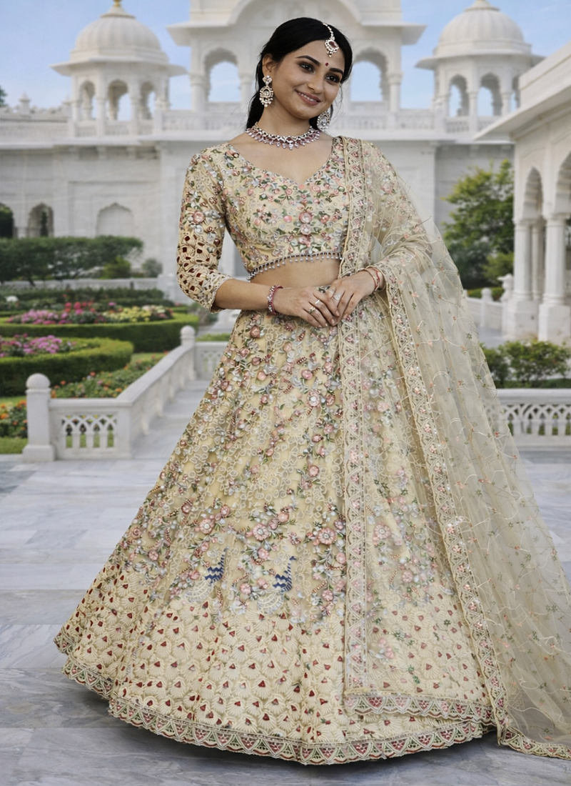 Off White Color Coding Sequins Work Net Lehenga Choli Dupatta Silk