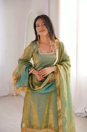 green ready-made fendy kurta set with diamond work & lace kurta sarara & dupatta