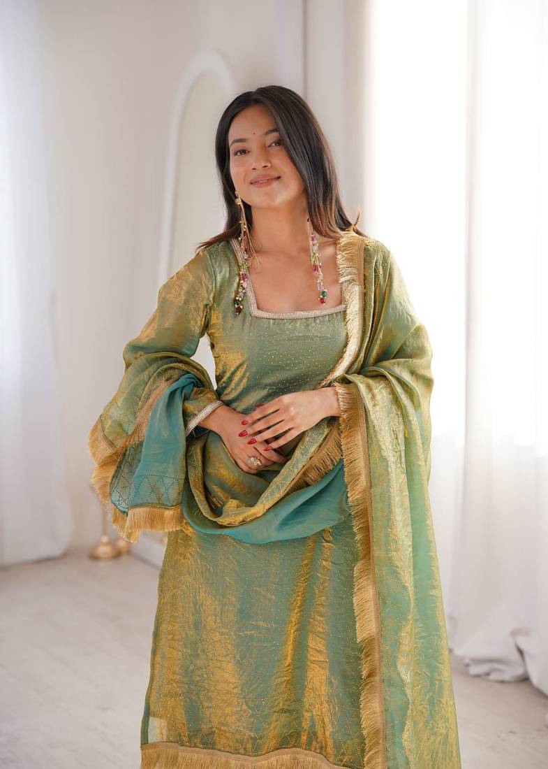 green ready-made fendy kurta set with diamond work & lace | kurta sarara & dupatta