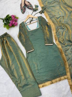 green ready-made fendy kurta set with diamond work & lace kurta sarara & dupatta 4