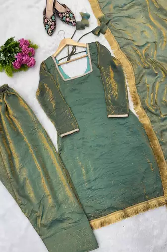 green ready-made fendy kurta set with diamond work & lace kurta sarara & dupatta