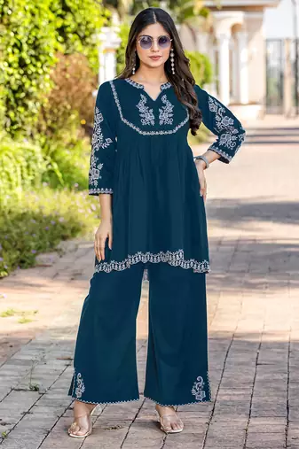 Embroidered Round Neck Tunic With Palazzo 