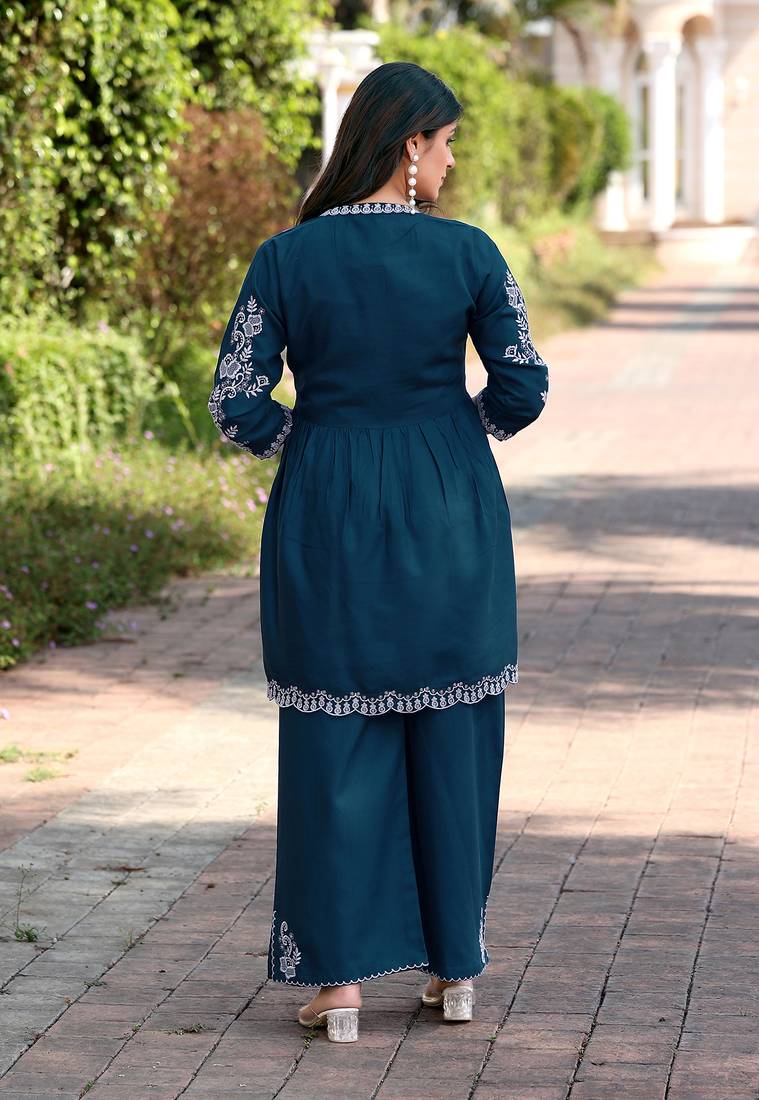 Embroidered Round Neck Tunic With Palazzo 