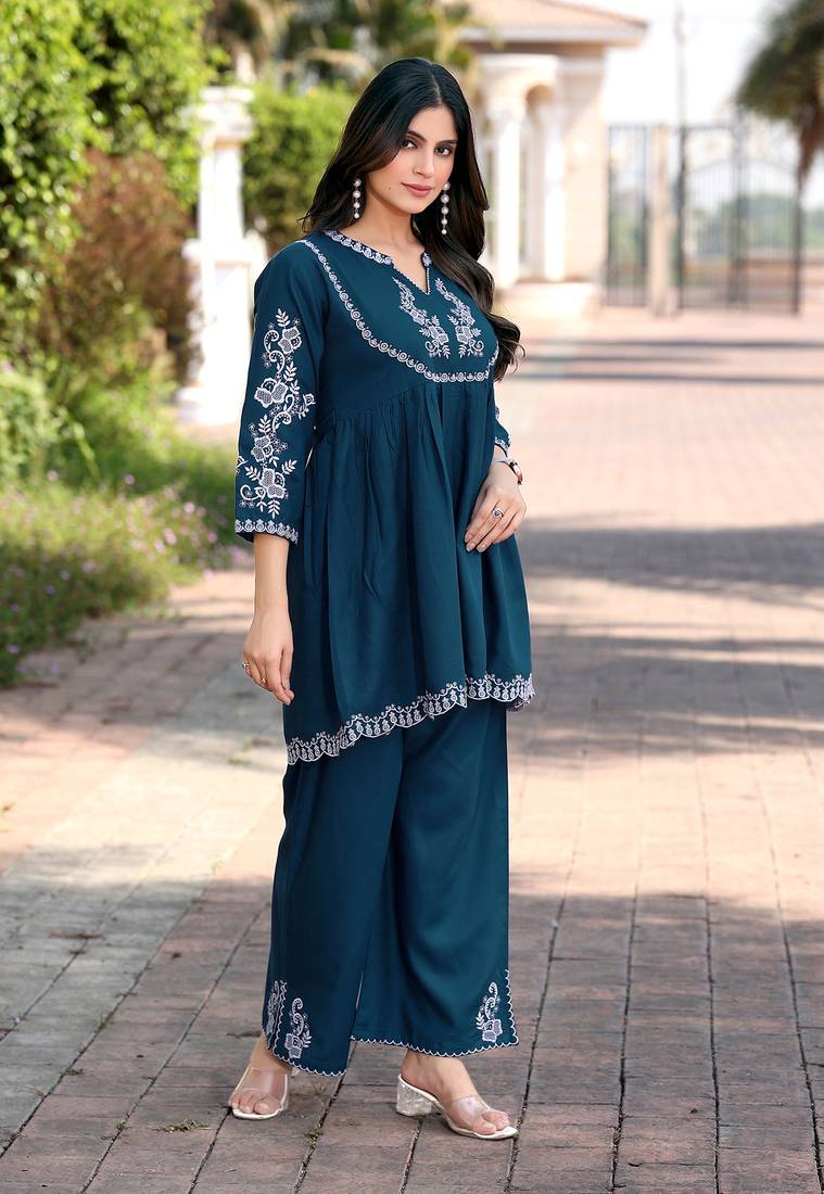Embroidered Round Neck Tunic With Palazzo 