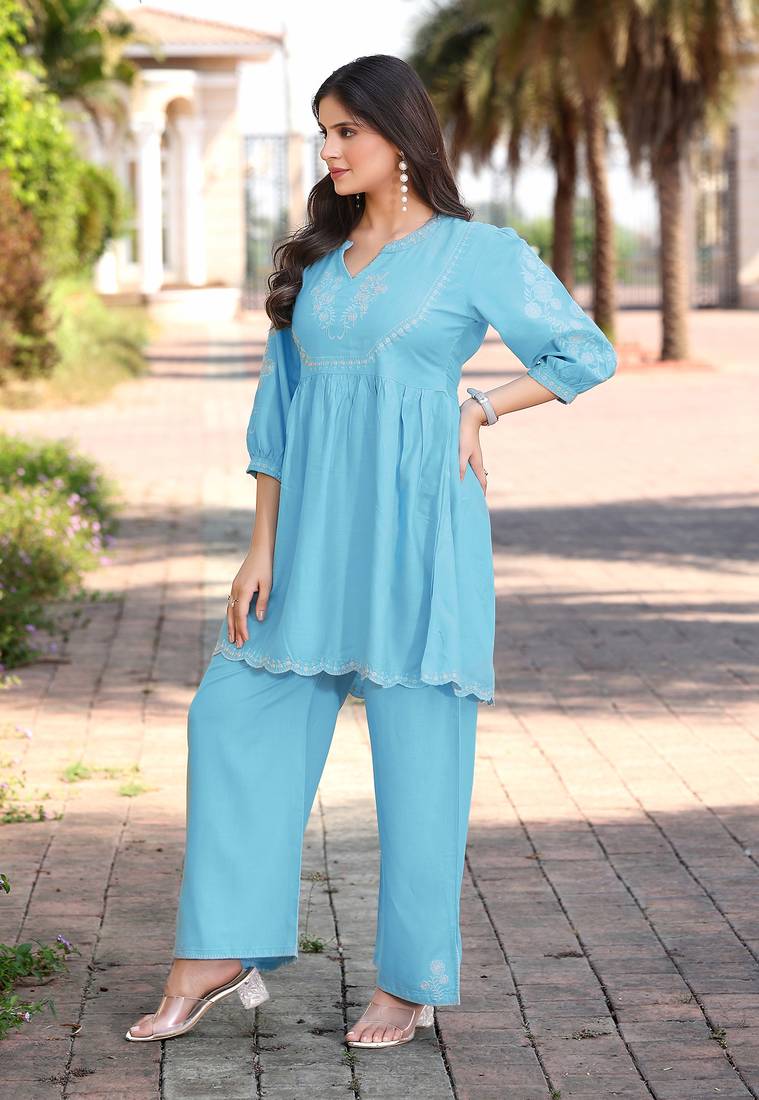 Embroidered Round Neck Tunic With Palazzo 