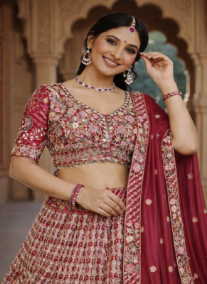 Rani Pink Color Coding Sequins Work Silk Lhenga Choli Dupatta Set 2