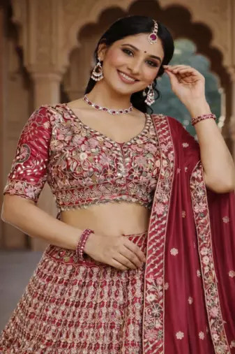 Rani Pink Color Coding Sequins Work Silk Lhenga Choli Dupatta Set