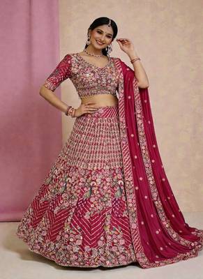 Rani Pink Color Coding Sequins Work Silk Lhenga Choli Dupatta Set 3