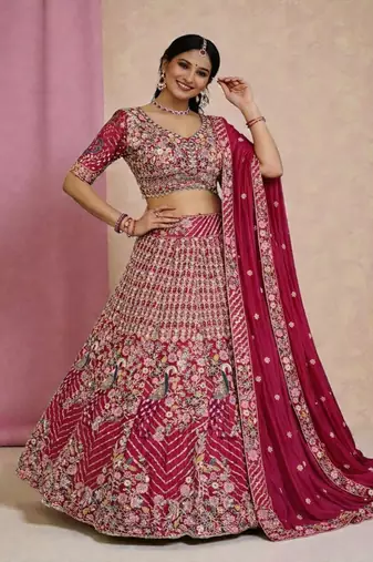 Rani Pink Color Coding Sequins Work Silk Lhenga Choli Dupatta Set