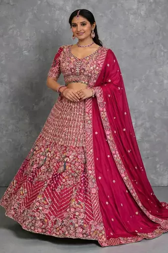 Rani Pink Color Coding Sequins Work Silk Lhenga Choli Dupatta Set