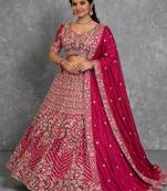 Rani Pink Color Coding Sequins Work Silk Lhenga Choli Dupatta Set