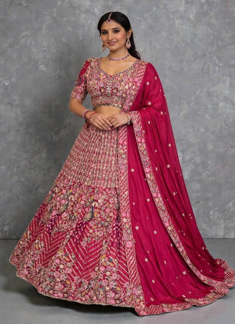 Rani Pink Color Coding Sequins Work Silk Lhenga Choli Dupatta Set