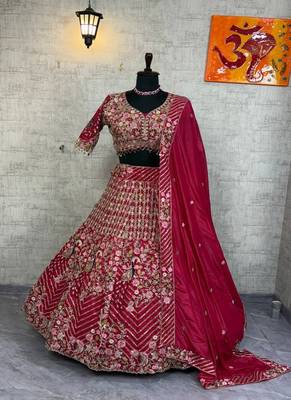 Rani Pink Color Coding Sequins Work Silk Lhenga Choli Dupatta Set 4