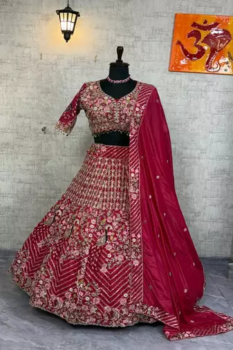 Rani Pink Color Coding Sequins Work Silk Lhenga Choli Dupatta Set