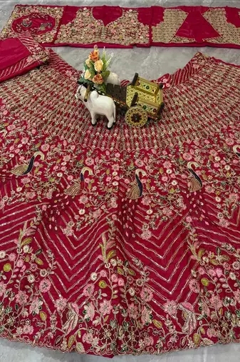 Rani Pink Color Coding Sequins Work Silk Lhenga Choli Dupatta Set