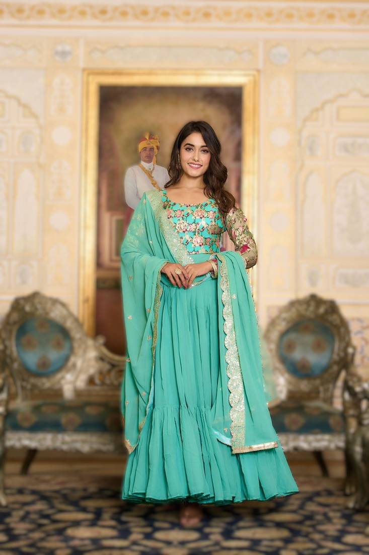 sea green festival wear fox georgette long gown with heavy sequins dupatta | ready-made
