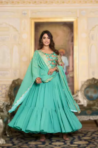 sea green festival wear fox georgette long gown with heavy sequins dupatta | ready-made
