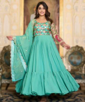 sea green festival wear fox georgette long gown with heavy sequins dupatta | ready-made 3