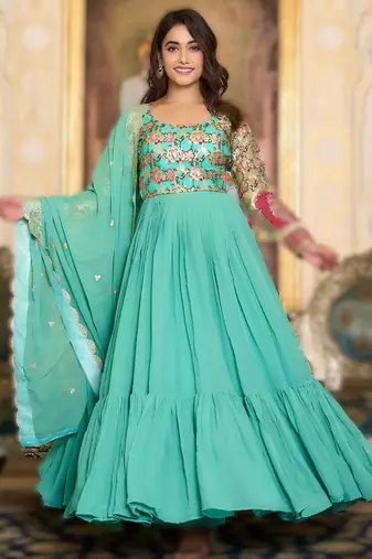 sea green festival wear fox georgette long gown with heavy sequins dupatta | ready-made