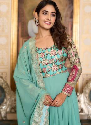 sea green festival wear fox georgette long gown with heavy sequins dupatta | ready-made 4