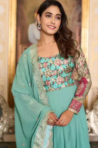 sea green festival wear fox georgette long gown with heavy sequins dupatta | ready-made