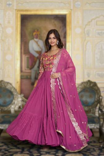 pink festival wear fox georgette long gown with heavy sequins dupatta | ready-made