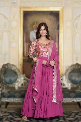 pink festival wear fox georgette long gown with heavy sequins dupatta | ready-made