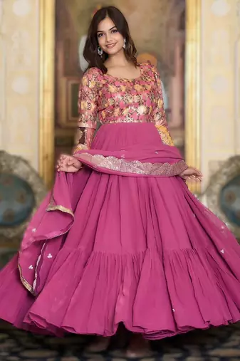 pink festival wear fox georgette long gown with heavy sequins dupatta | ready-made