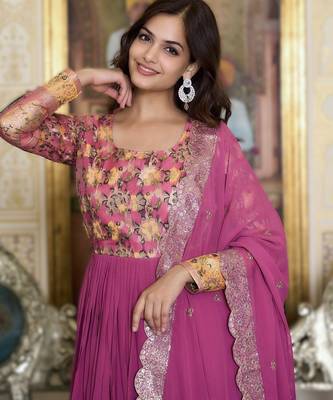 pink festival wear fox georgette long gown with heavy sequins dupatta | ready-made 4