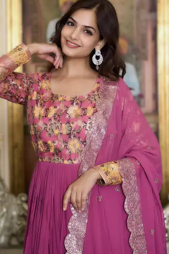 pink festival wear fox georgette long gown with heavy sequins dupatta | ready-made