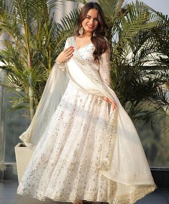 Georgette white embroidered anarkali set 1