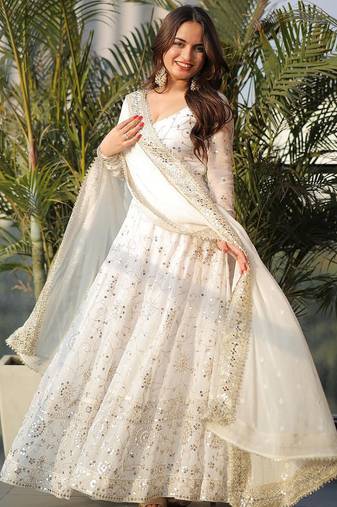 Georgette white embroidered anarkali set