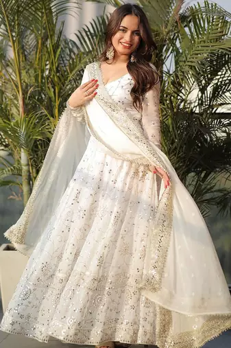 Georgette white embroidered anarkali set