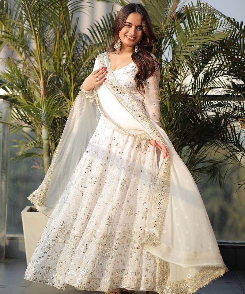 Georgette white embroidered anarkali set