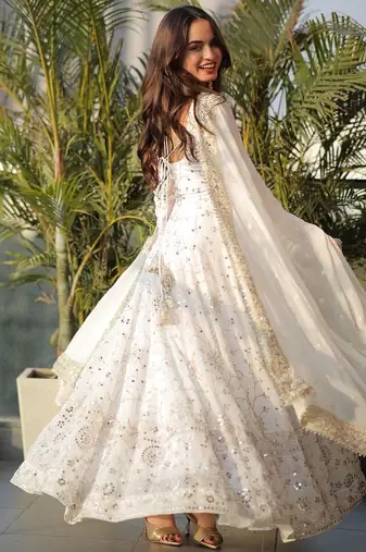 Georgette white embroidered anarkali set