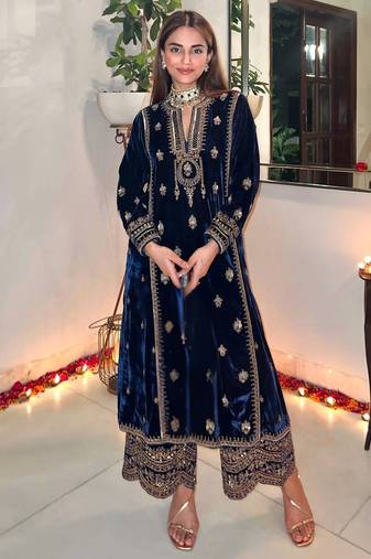 Navy blue velvet palazzo suit
