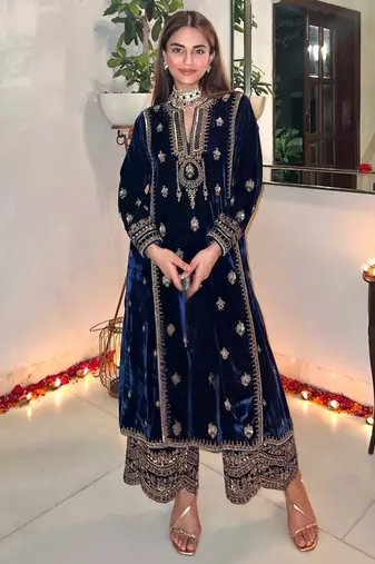 Navy blue velvet palazzo suit
