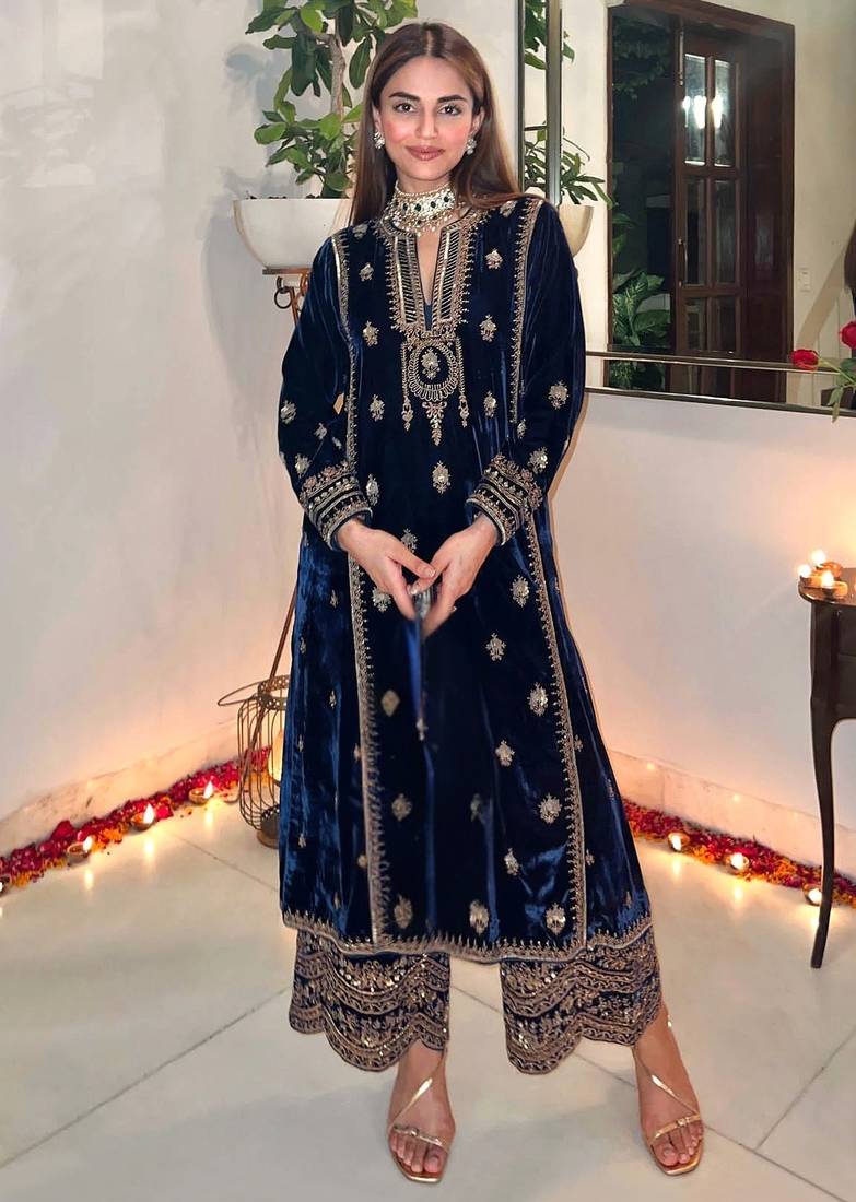 Navy blue velvet palazzo suit