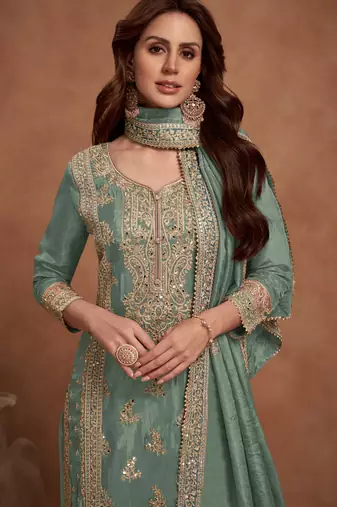 Pastel green silk blend palazzo suit