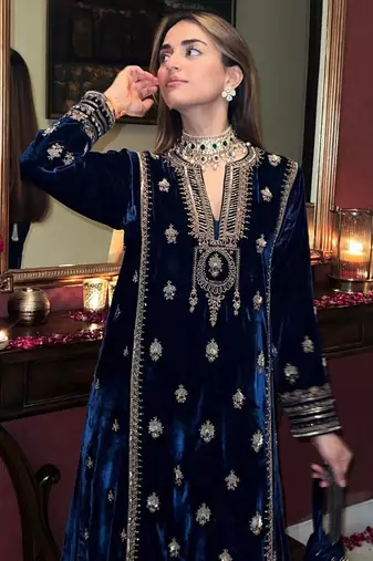 Navy blue velvet palazzo suit