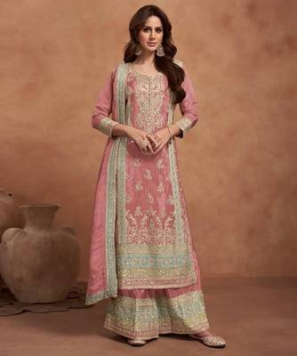 Pink silk blend palazzo suit 1