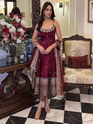 Maroon silk blend embroidered suit 1