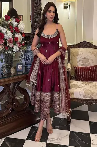 Maroon silk blend embroidered suit