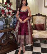 Maroon silk embroidered suit