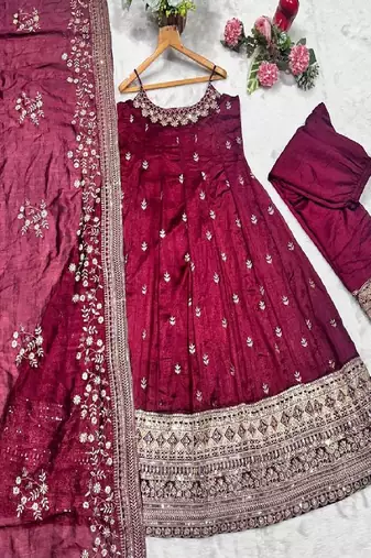 Maroon silk blend embroidered suit
