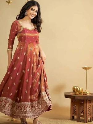 Rust orange silk blend anarkali set 1